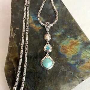 Marahlago Sterling Silver Larimar Topaz Pearl Byzantine Chain Pendant Necklace
